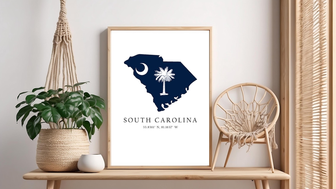 South Carolina Map Print, Latitude Longitude Coordinates