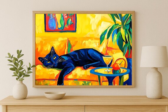 Black Cat Lounging on Yellow Sofa Bold Fauvist Painting Poster