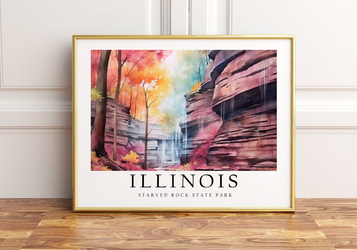 Starved Rock State Park Illinois Colorful Autumn Watercolor Poster