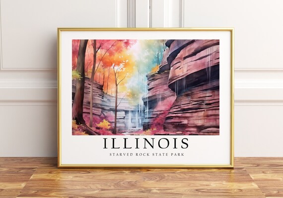 Starved Rock State Park Illinois Colorful Autumn Watercolor Poster