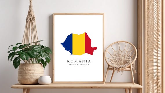 Romania Map Print Flag Latitude Longitude Coordinates Poster Wall Art Home Dcor