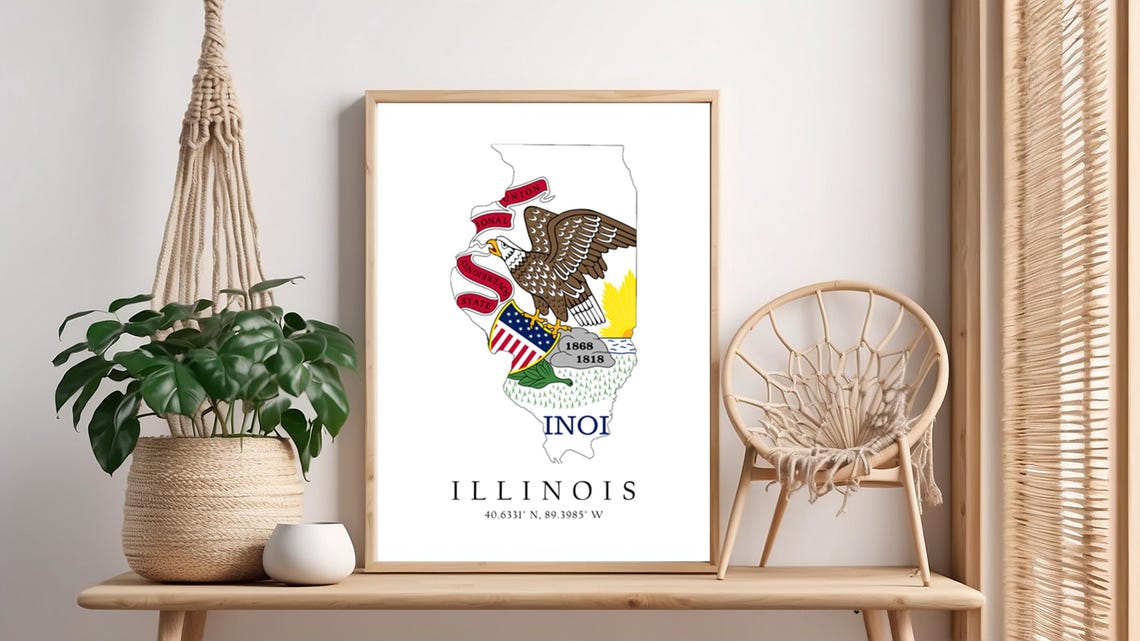 Illinois Map Print Latitude Longitude Coordinates Flag Poster Wall Art Home Dcor