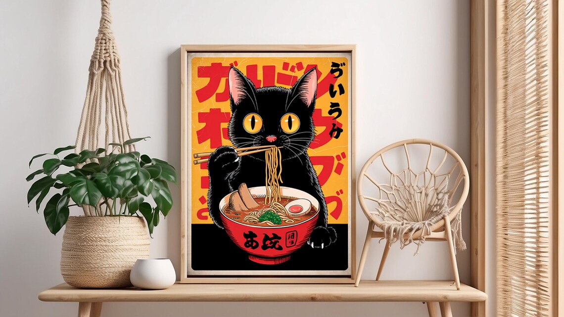 Black Cat Eating Ramen Retro Japanese Kitchen Poster