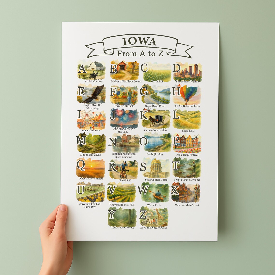 Iowa From A to Z State Symbols Watercolor Alphabet Art Poster
