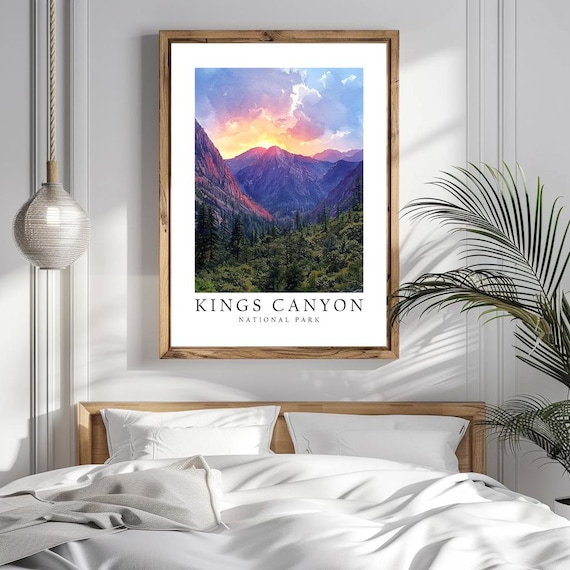 Kings Canyon National Park Watercolor Sunset Mountain Travel Poster