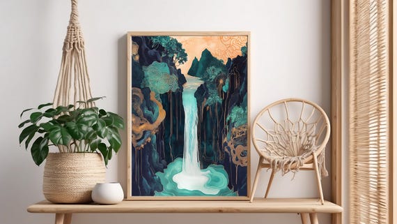 Mystical Waterfall Fantasy Poster Print Elegant Landscape Like Painting Asian Inspired Gold Detailing Serene Nature Wall Art Decor