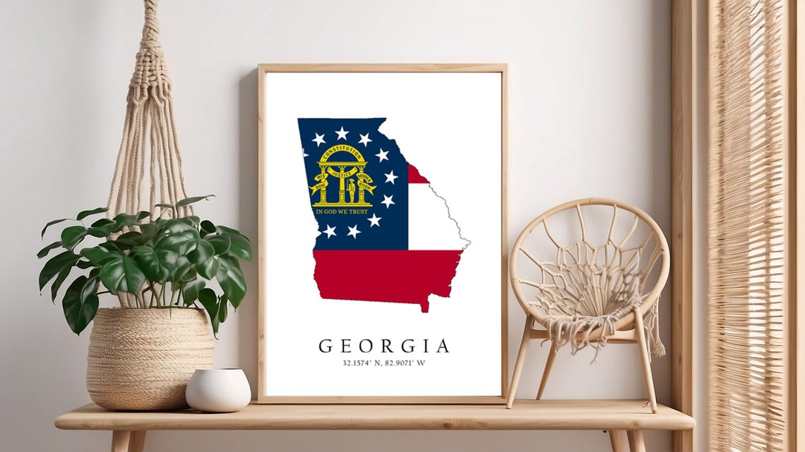 Georgia Map Print Latitude Longitude Coordinates Flag Poster Wall Art Home Dcor