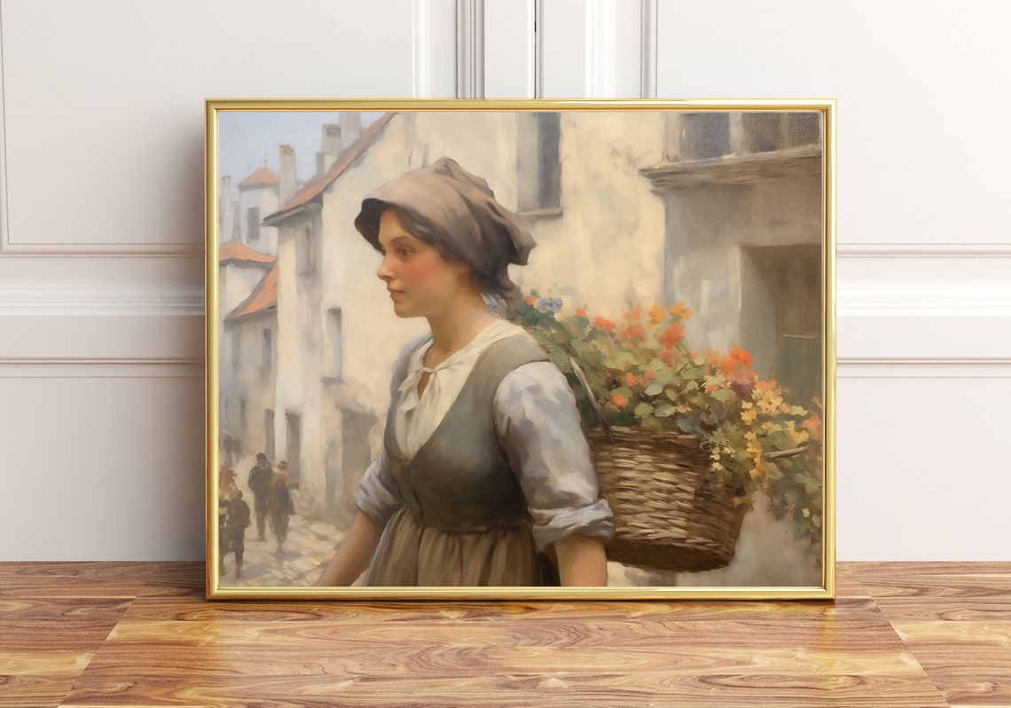 Woman Carrying Flower Basket on Back Village Street Classic Poster