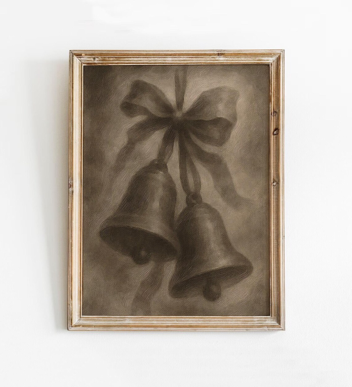 Vintage Bronze Christmas Bells With Bow Muted Holiday Wall Print