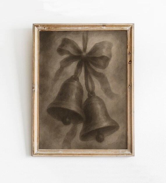 Vintage Bronze Christmas Bells With Bow Muted Holiday Wall Print