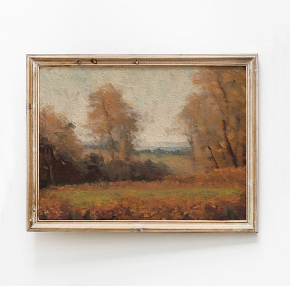 Vintage Autumn Landscape Painting Rustic Country Field Art Moody Print Fall Leaves Wall Decor Foliage Instant