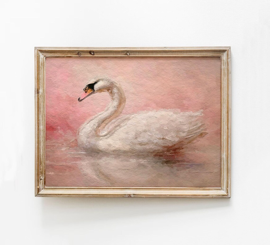 Elegant White Swan On Blush Pink Water Vintage Nursery Wall Poster