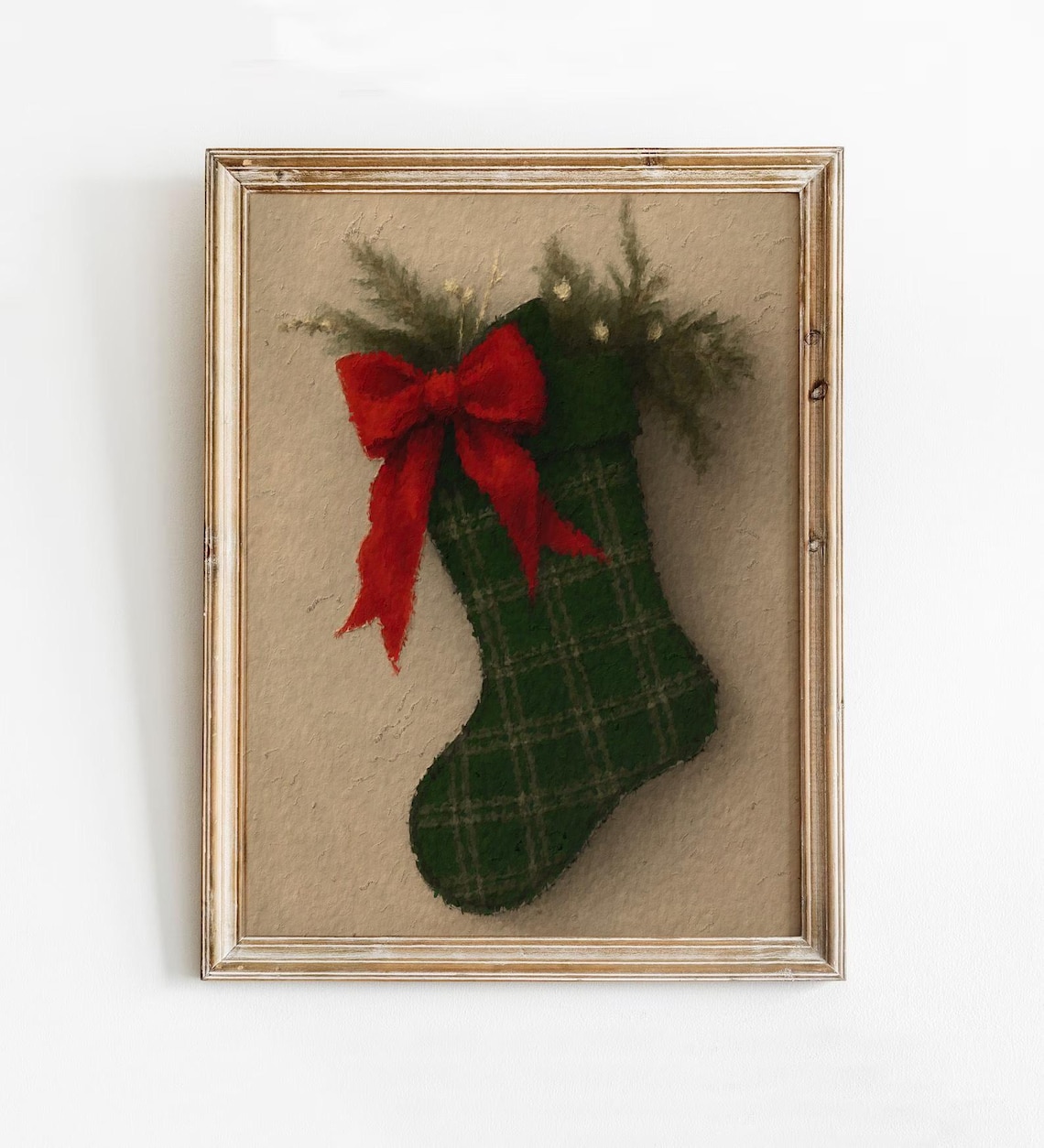 Vintage Green Plaid Christmas Stocking Painting With Red Bow Holiday Poster