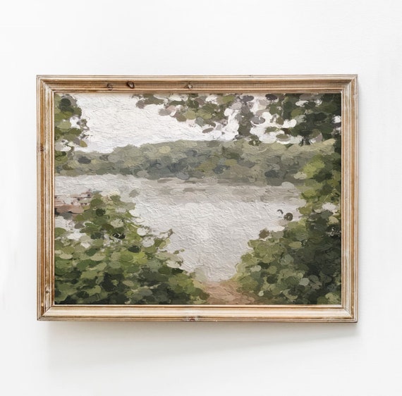 Impressionist Lake Landscape Oil Painting Print Rustic House Decor