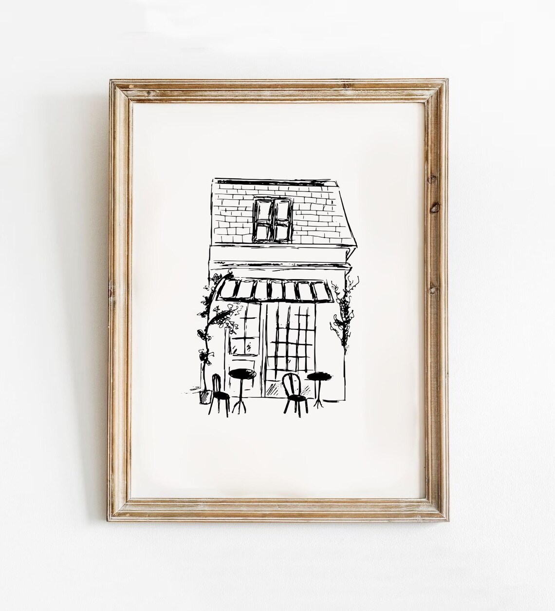 Parisian Cafe Storefront Minimalist Black Ink Line Sketch Art Poster
