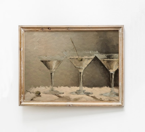 Vintage Martini Glasses Still Life Rustic Cocktail Bar Watercolor Print