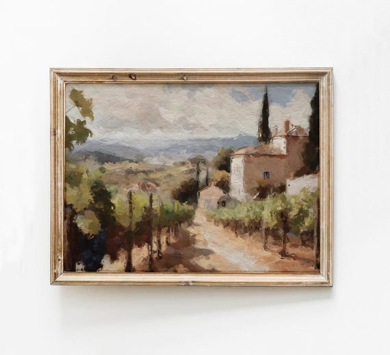Vineyard Landscape Painting Italy Vintage Wall Art Modern Organic Abstract Scenery Rustic Italian Vines Print Winery