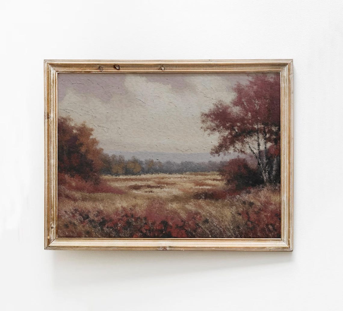 Moody Burgundy Autumn Meadow Rustic Vintage Fall Landscape Print