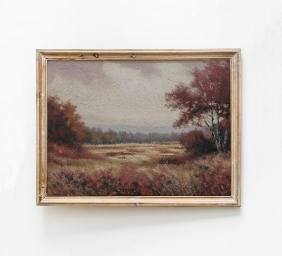 Dark Moody Fall Art Print Burgundy Vintage Landscape Wall Rustic Decor Autumn Maroon Nature Painting Instant