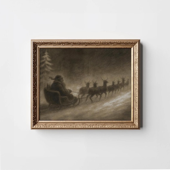 Santa Claus in Sleigh Pulled by Reindeer Vintage Sepia Poster