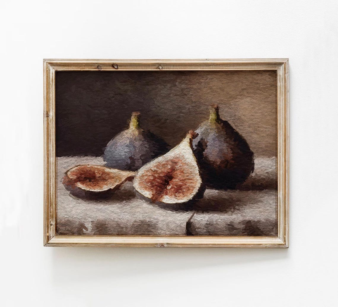 Moody Fig Wall Art Vintage Still Life Oil Painting Dark Fruit Organic Modern Kitchen Decor Rustic Autumn Table Print