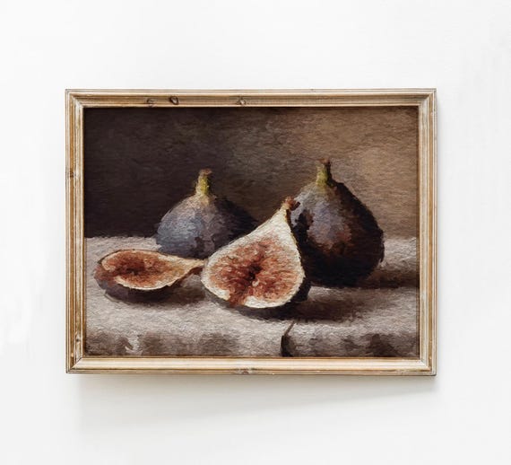 Moody Fig Wall Art Vintage Still Life Oil Painting Dark Fruit Organic Modern Kitchen Decor Rustic Autumn Table Print