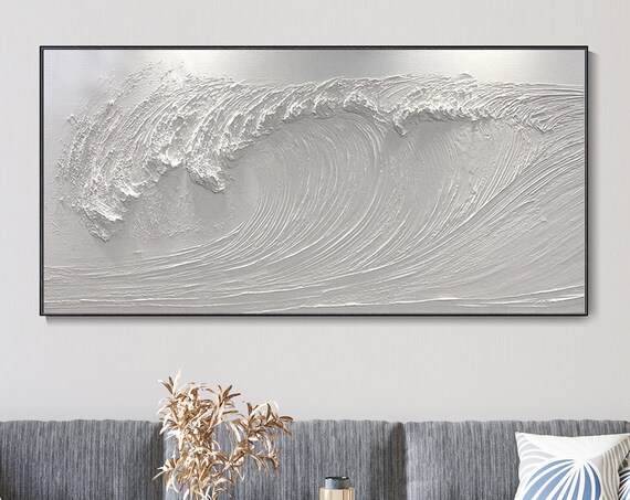 White 3D Ocean Wave Monochrome Relief Textured Seascape Wall Art