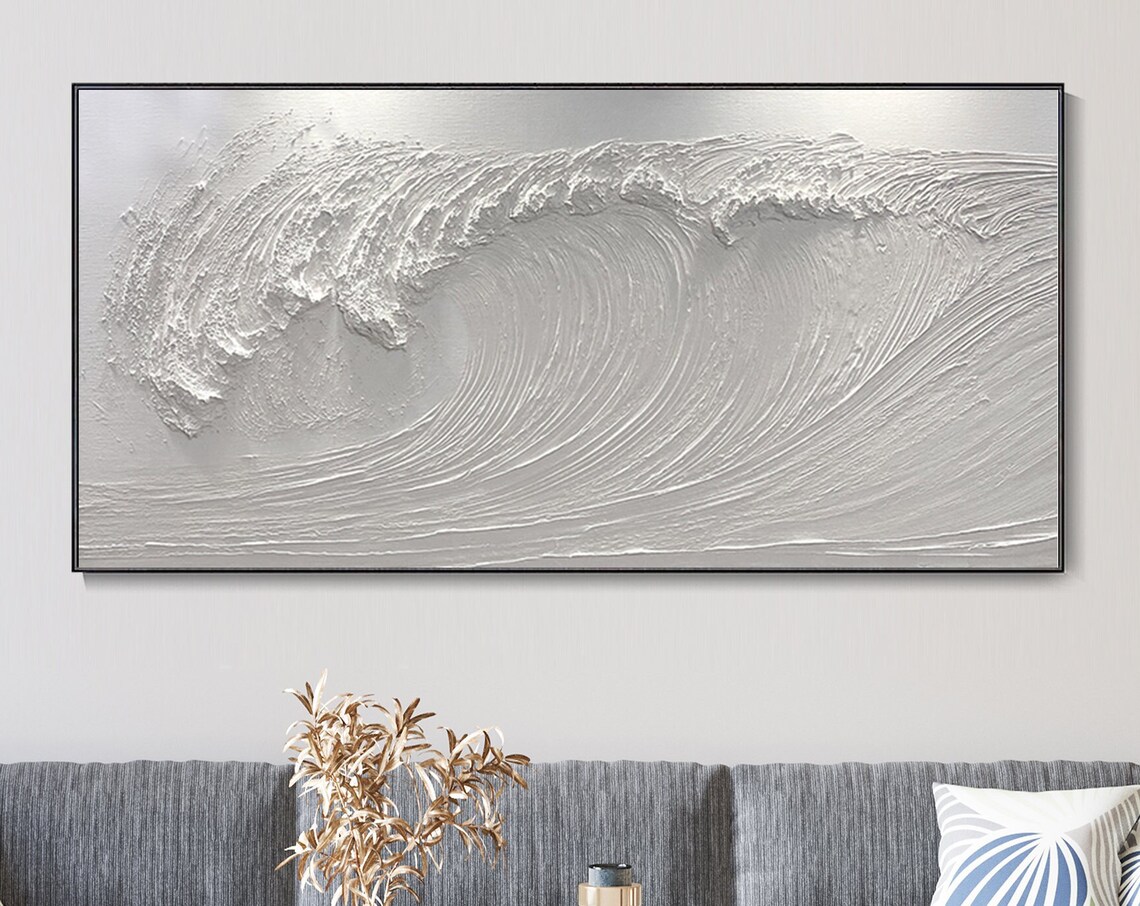 White 3D Ocean Wave Monochrome Relief Textured Seascape Wall Art