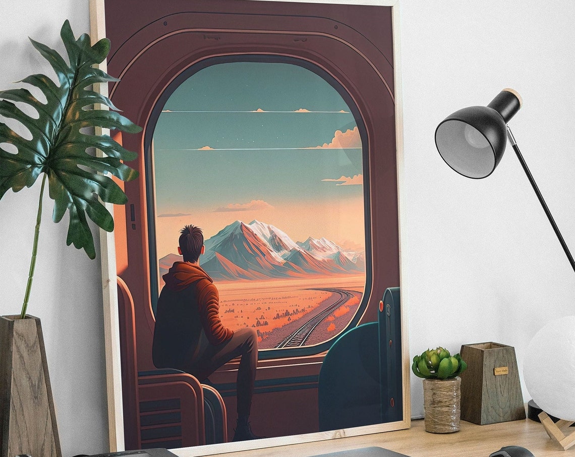 Anime Train Window Mountain View Poster Boy Watching Sunset Scenery - Image 2