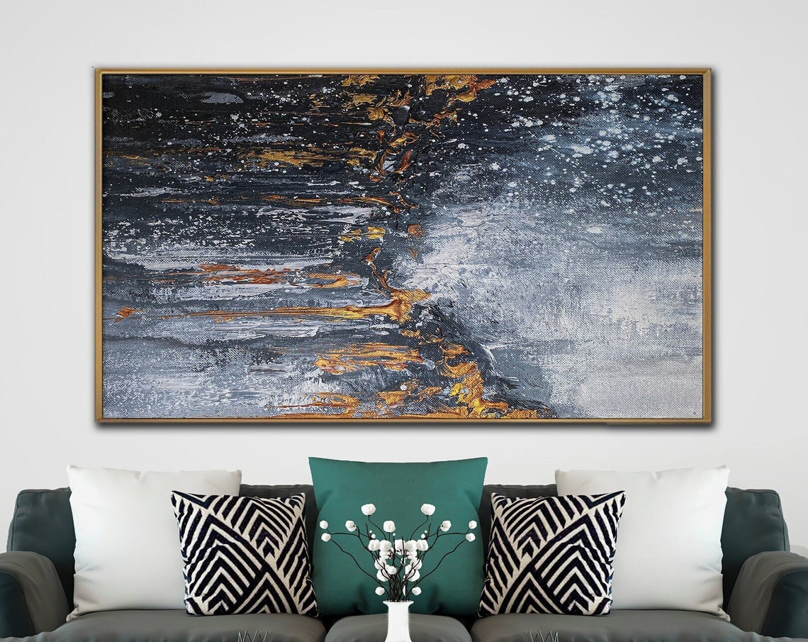 Dark Navy Gold Night Ocean Textured Abstract Horizontal Poster