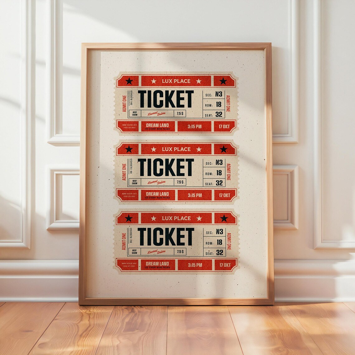 Vintage Red Cream Cinema Ticket Trio Poster for Movie Night Decor