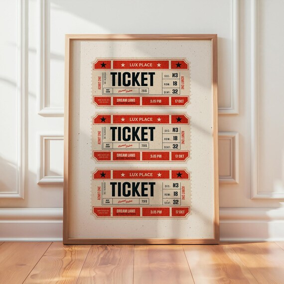 Vintage Red Cream Cinema Ticket Trio Poster for Movie Night Decor