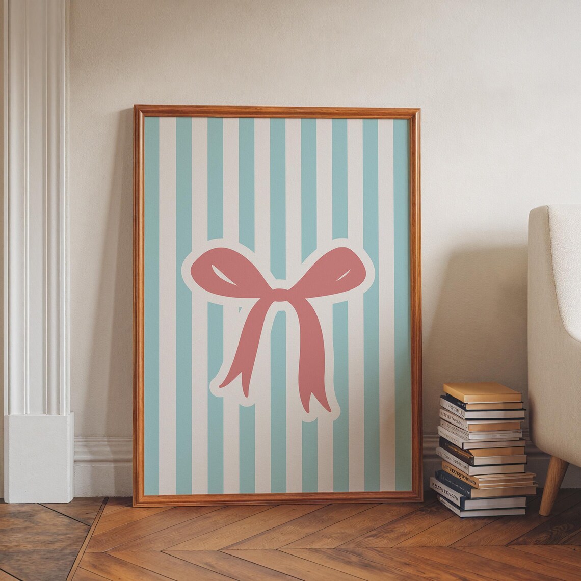 Dusty Pink Bow Sweet Coquette Mint Stripes Minimalist Art Poster
