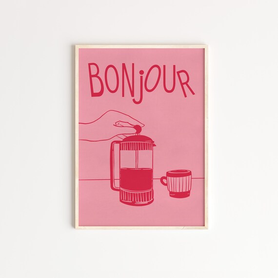 Bonjour French Press Pink Coffee Typography Retro Kitchen Poster