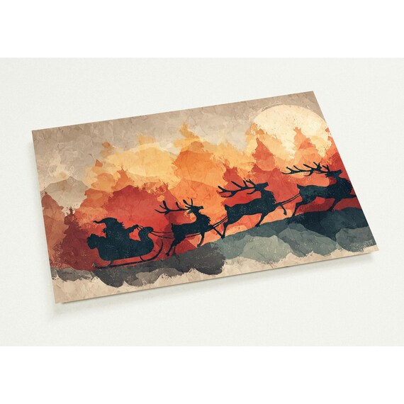 Santa Sleigh Reindeer Team Silhouette Vintage Christmas Sunset Poster