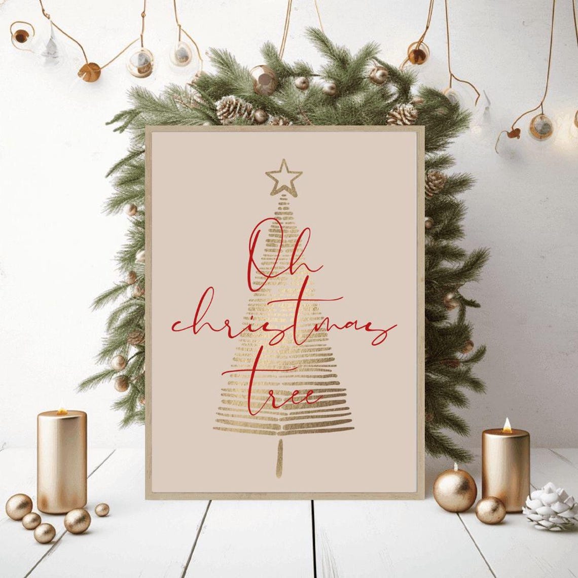 Oh Christmas Tree Gold Brushstroke Tree Beige Minimal Poster - Image 3