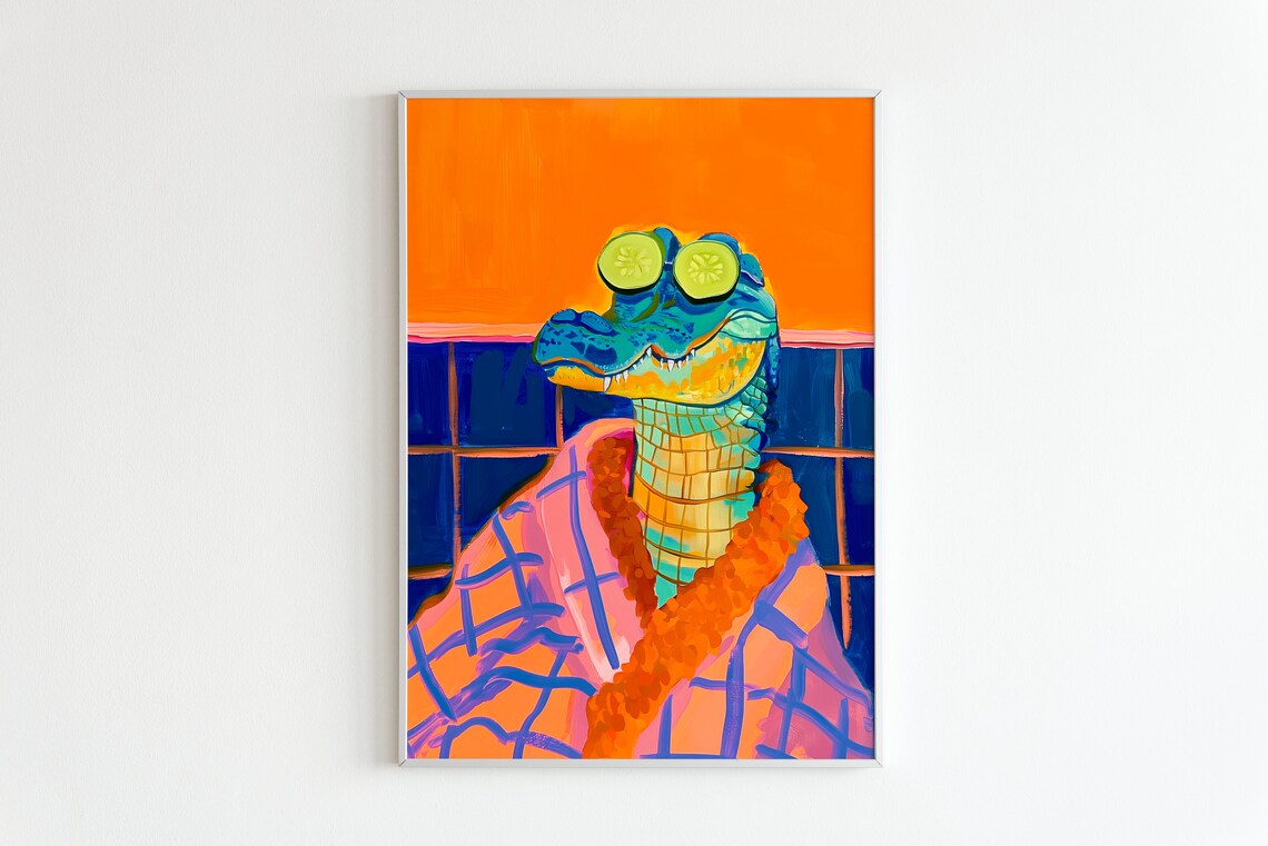 Alligator Poster, Maximalist Bathroom Animal Art