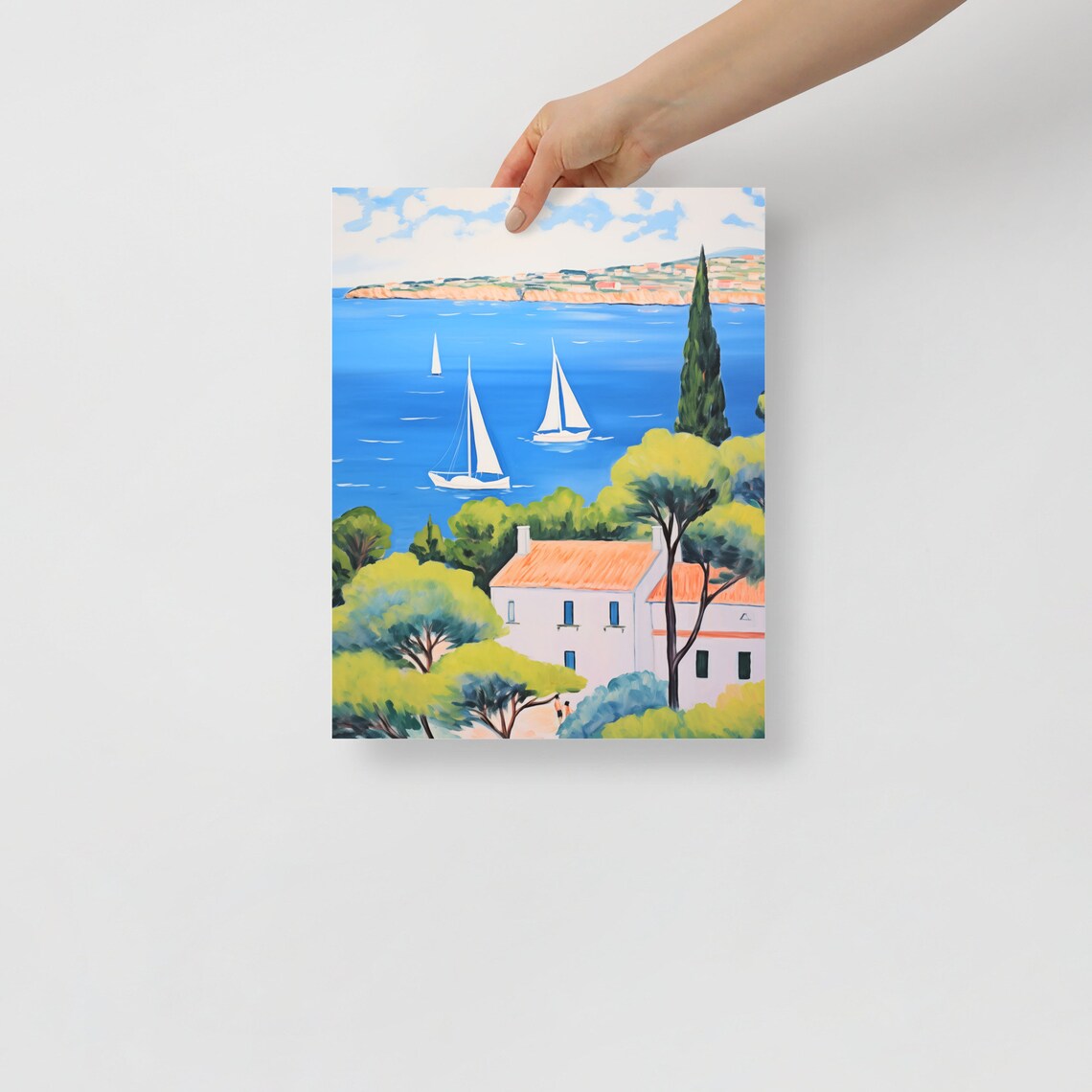 Sailboats Blue Bay Cypress Trees Villa Mediterranean View Poster - Image 2