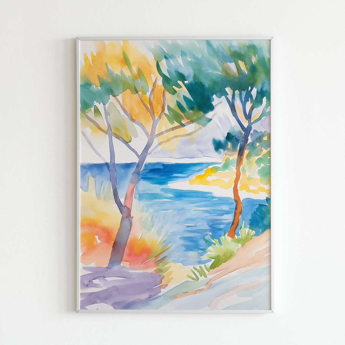 Watercolor Trees Framing Blue Lake Cove Coastal Landscape Poster - Image 4