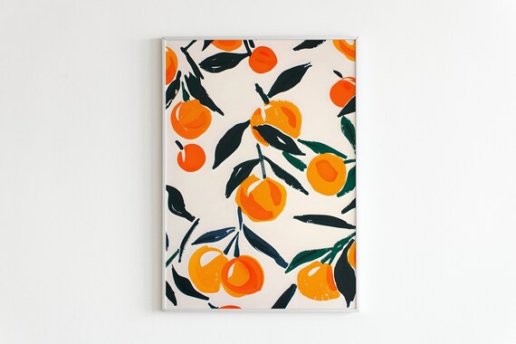 Modern Orange Citrus Pattern Dark Leaves Minimalist Art Poster