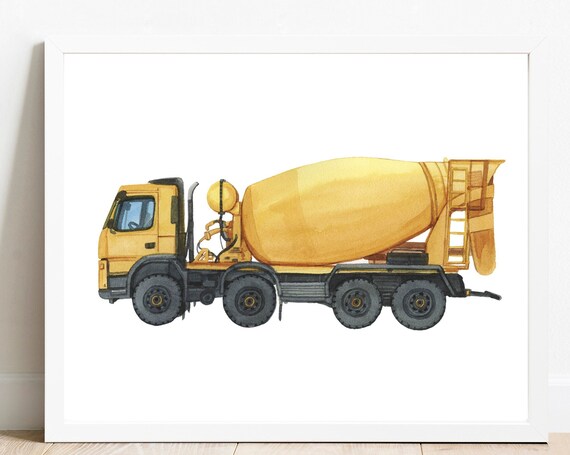 Yellow Cement Mixer Truck Watercolor Construction Vehicle Poster