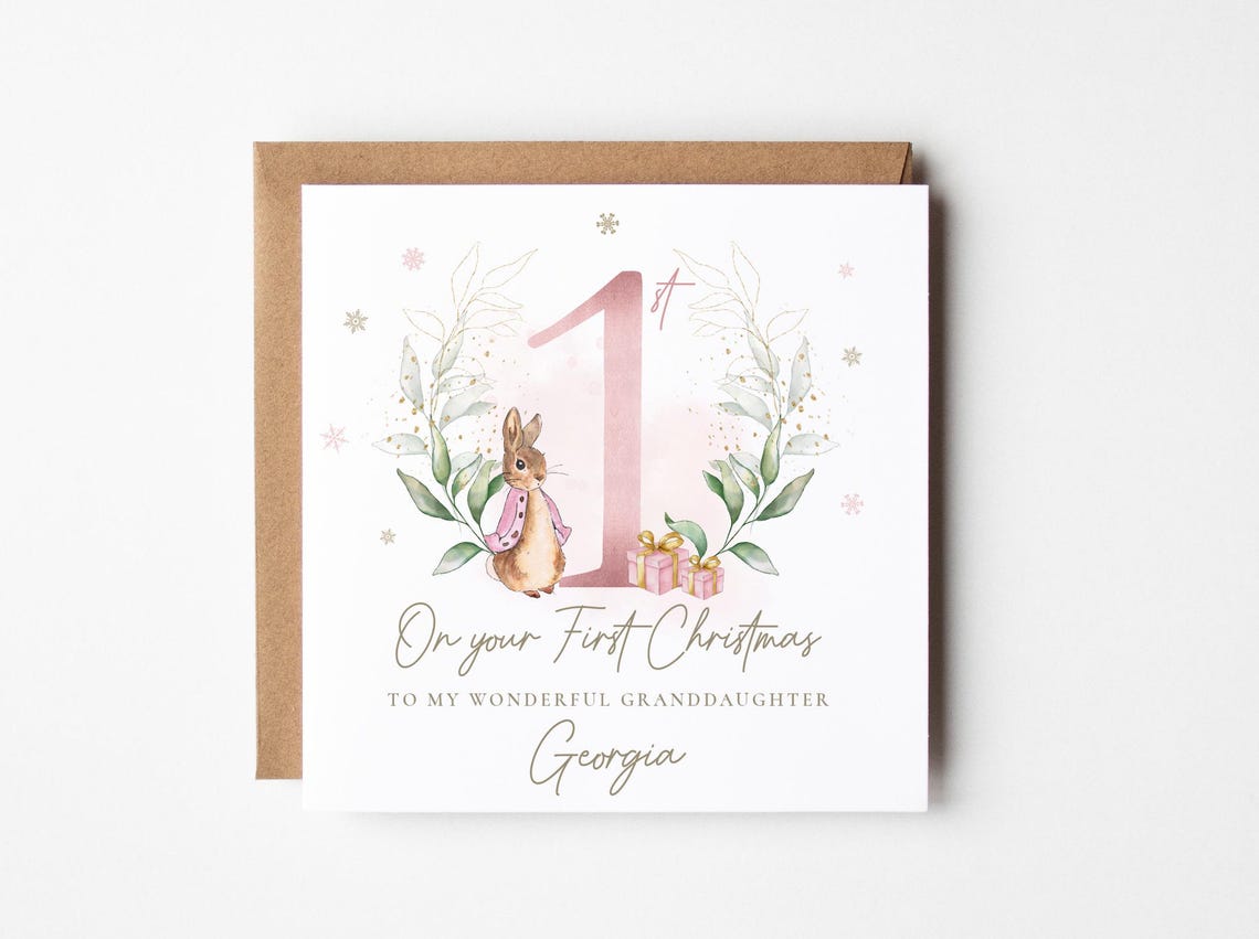 Baby's First Christmas Pink Rabbit Botanical Wreath Keepsake Print