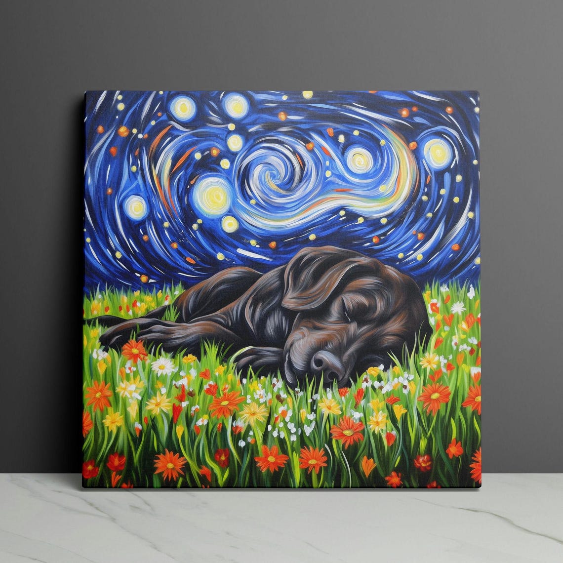 Chocolate Lab Sleeping Under a Starry Night Sky Painting Poster - Image 3