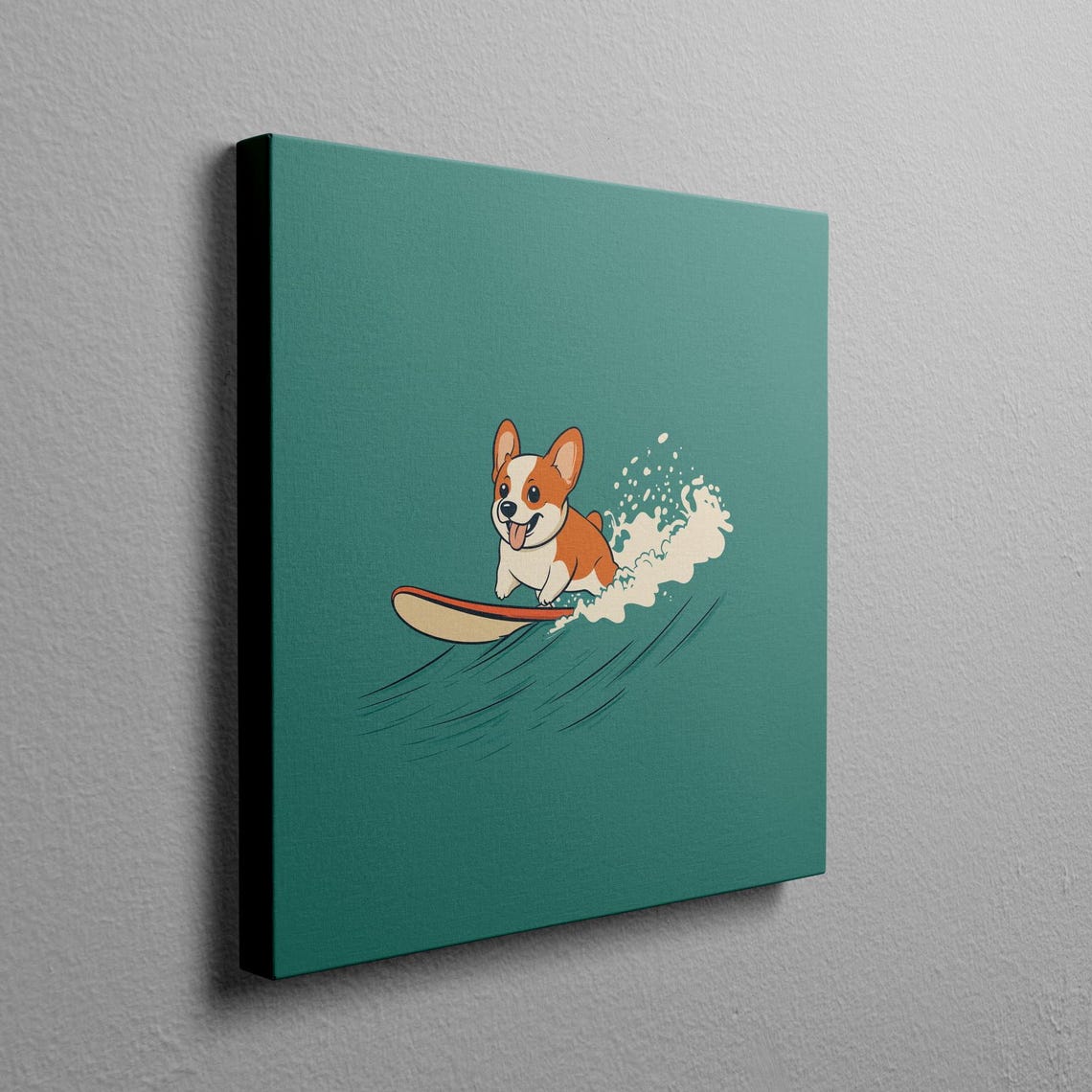 Corgi Surfer Cartoon Dog Riding an Ocean Wave on Teal Poster - Image 2