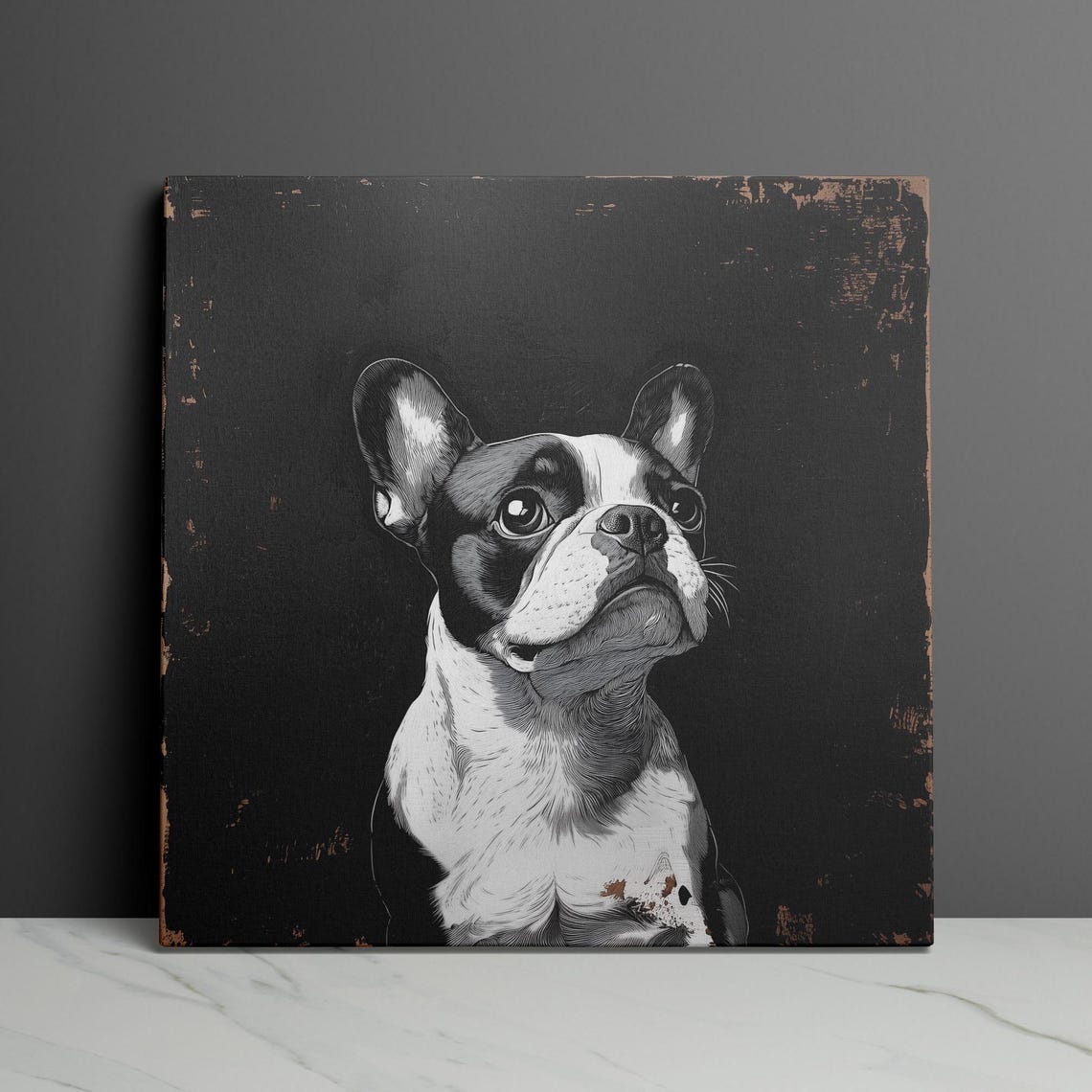 Boston Terrier Sketch Portrait Black and White Rustic Poster - Image 3