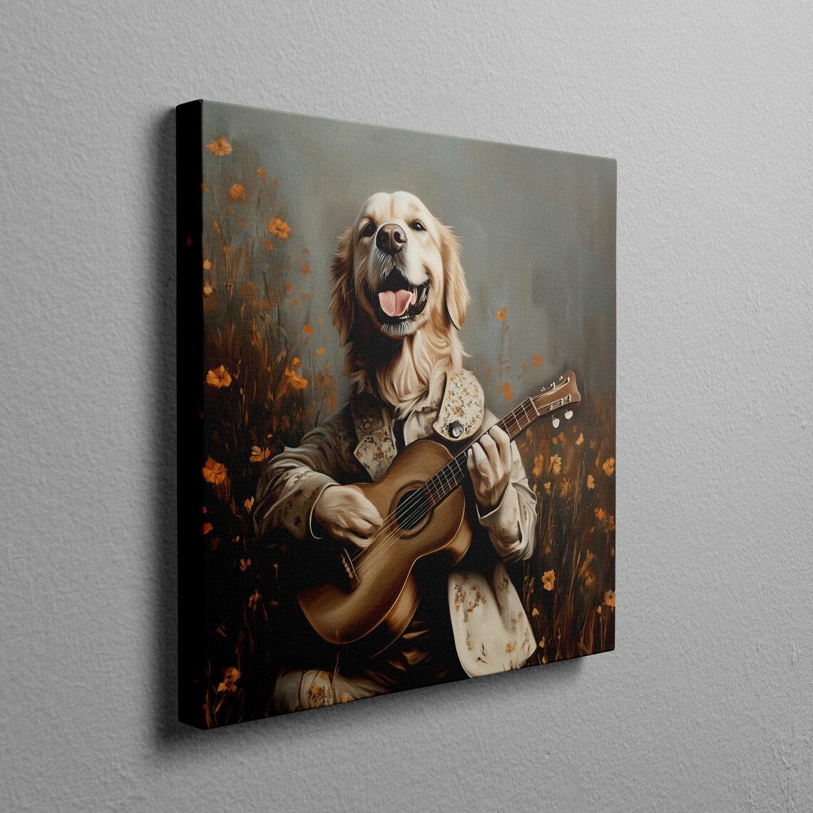 Golden Retriever Folk Singer Strumming Guitar In A Meadow Poster - Image 2