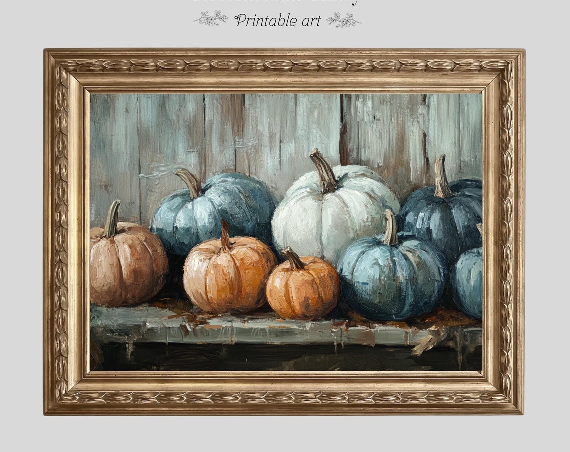 Blue And Orange Pumpkins Still Life Rustic Fall Painting Poster