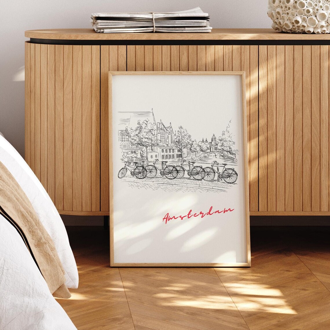 Amsterdam Canal Bikes Line Art Sketch Netherlands Travel Poster