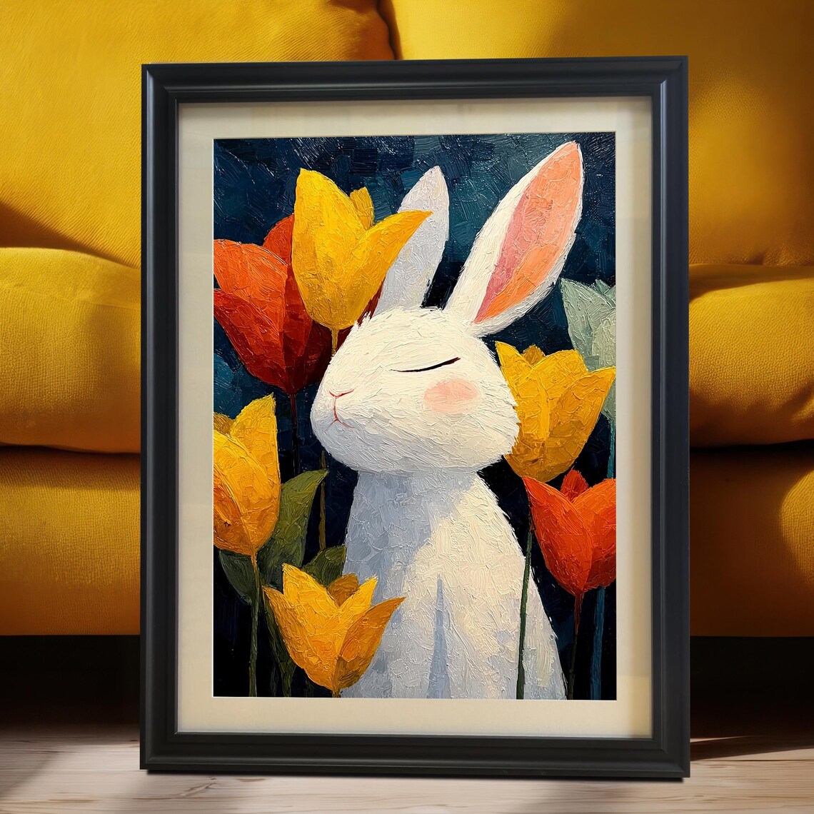 Whimsical White Bunny Among Colorful Tulips Sweet Nursery Poster