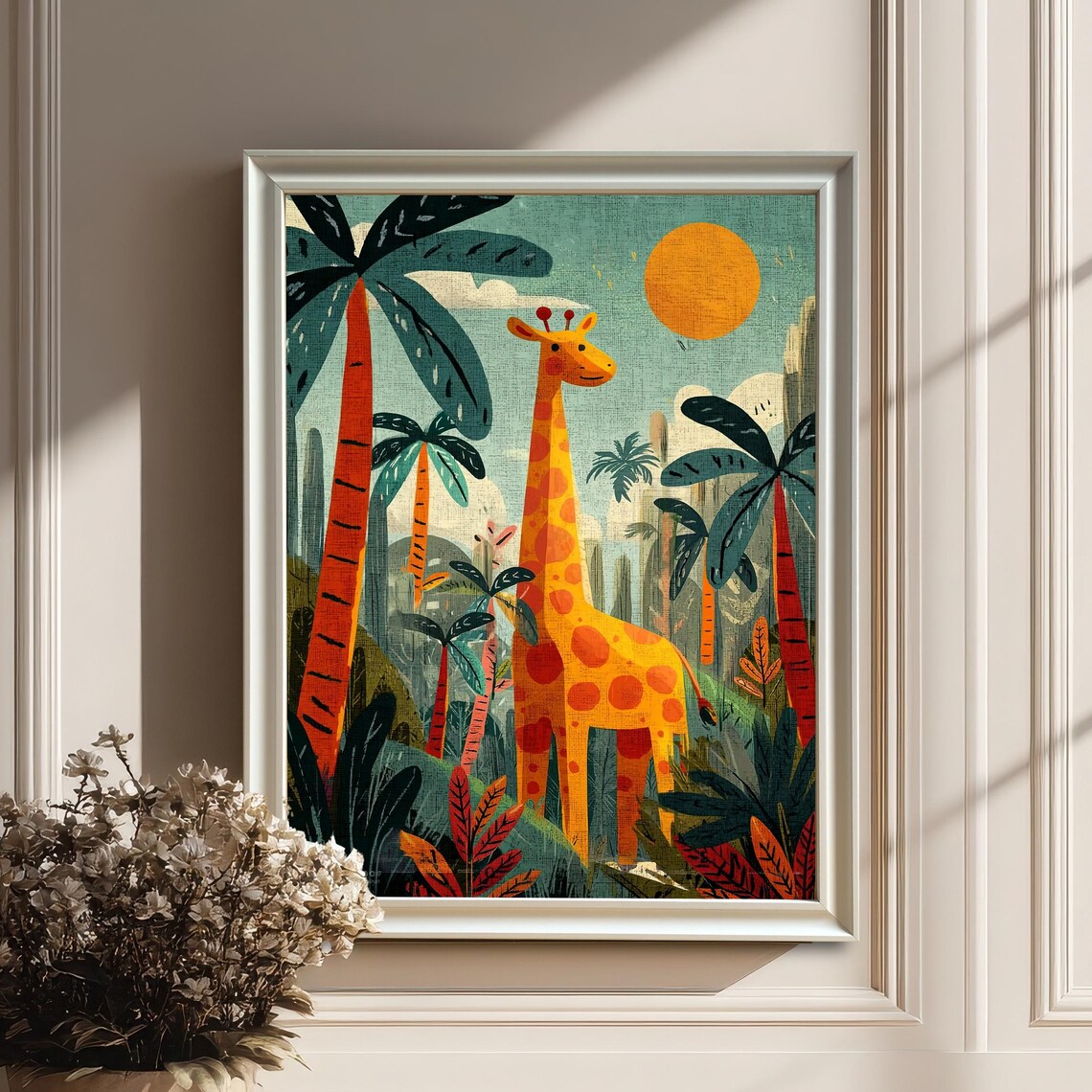 Cute Giraffe in Jungle With Palm Trees and Big Orange Sun Poster